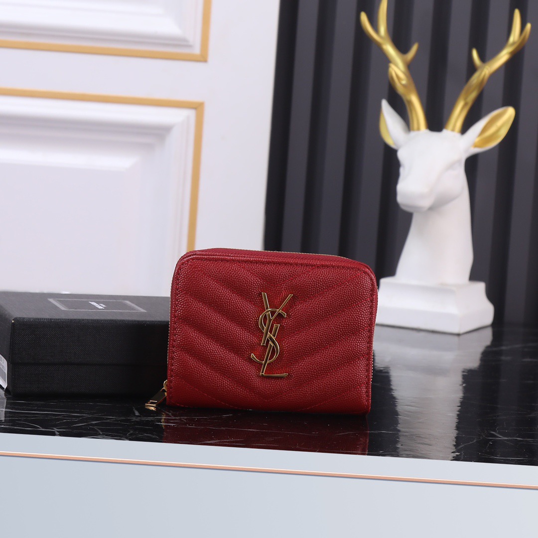 サンローラン「Saint Laurent」モノグラム コンパクト ジップアラウンド ウォレット（グレイン ド プードル エンボスレザー）