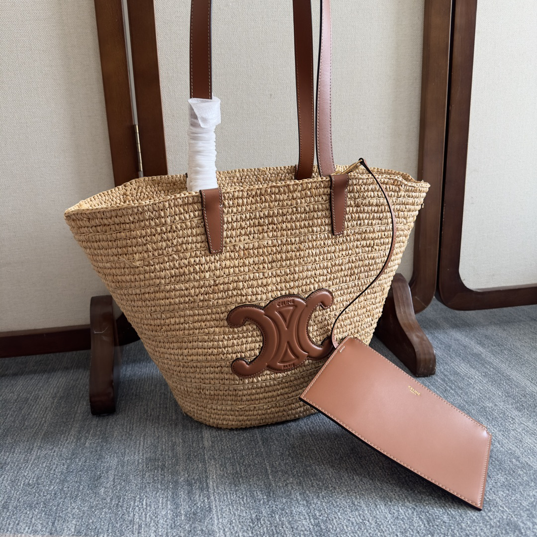 セリーヌ「Celine」CLASSIC PANIER プランテーション素材＆レザー ラージバスケットバッグ