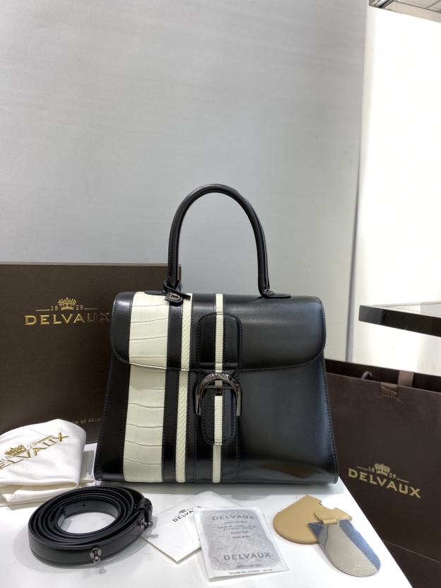 デルヴォー「Delvaux」 BL シリーズ ボックスレザー＆ホワイトリザード ハンドバッグ