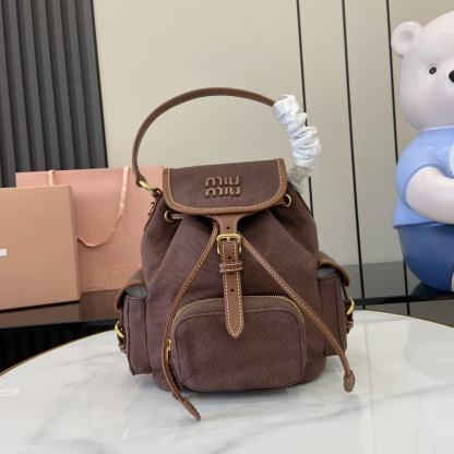 ミュウミュウ「Miu Miu」バックパック レザー＆キャンバス デュアルストラップ ショルダーバッグ