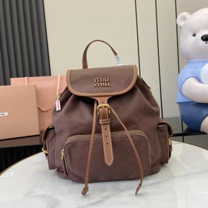 ミュウミュウ「Miu Miu」バックパック レザー＆キャンバス デュアルストラップ ショルダーバッグ