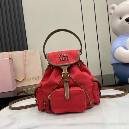 ミュウミュウ「Miu Miu」バックパック レザー＆キャンバス デュアルストラップ ショルダーバッグ