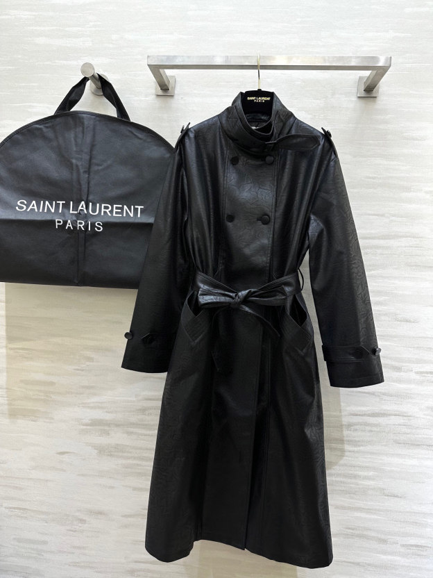 サンローラン「Saint Laurent」エコレザー プリーツ ロングトレンチコート