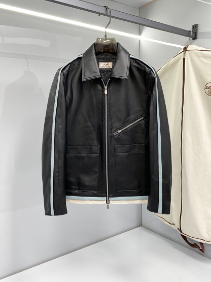 エルメス「Hermès」レザー&ファブリック パネル ジップ ジャケット