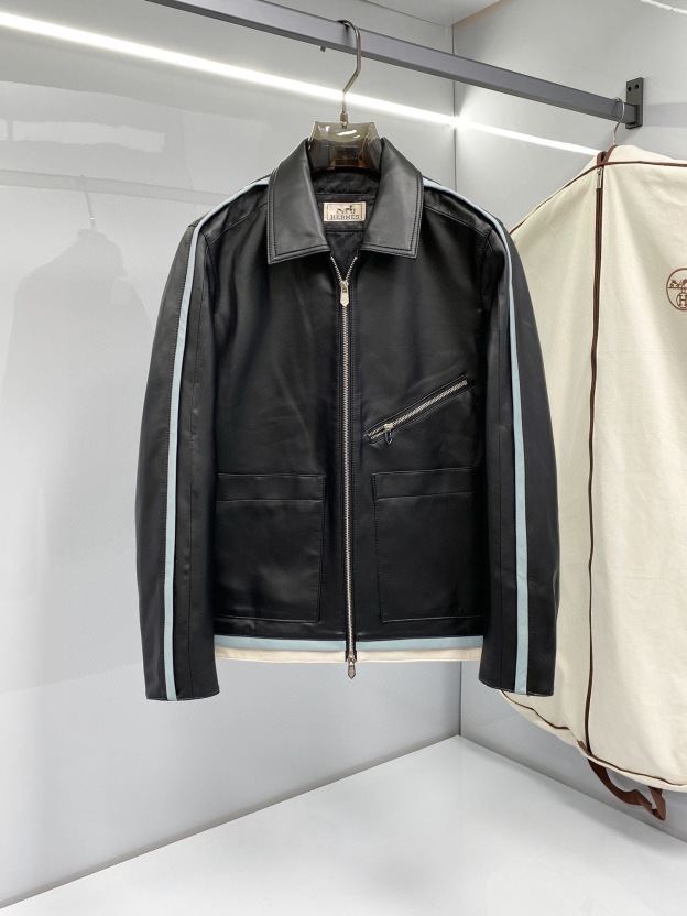 エルメス「Hermès」レザー&ファブリック パネル ジップ ジャケット