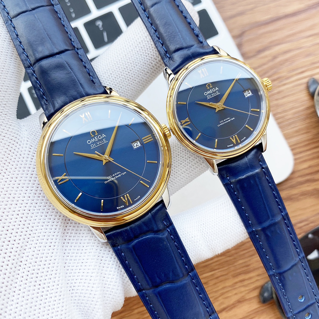 オメガ「Omega」デビル プレステージ カップルウォッチ メンズ39.5MM＆レディース32.7MM スチール＆レザーストラップ