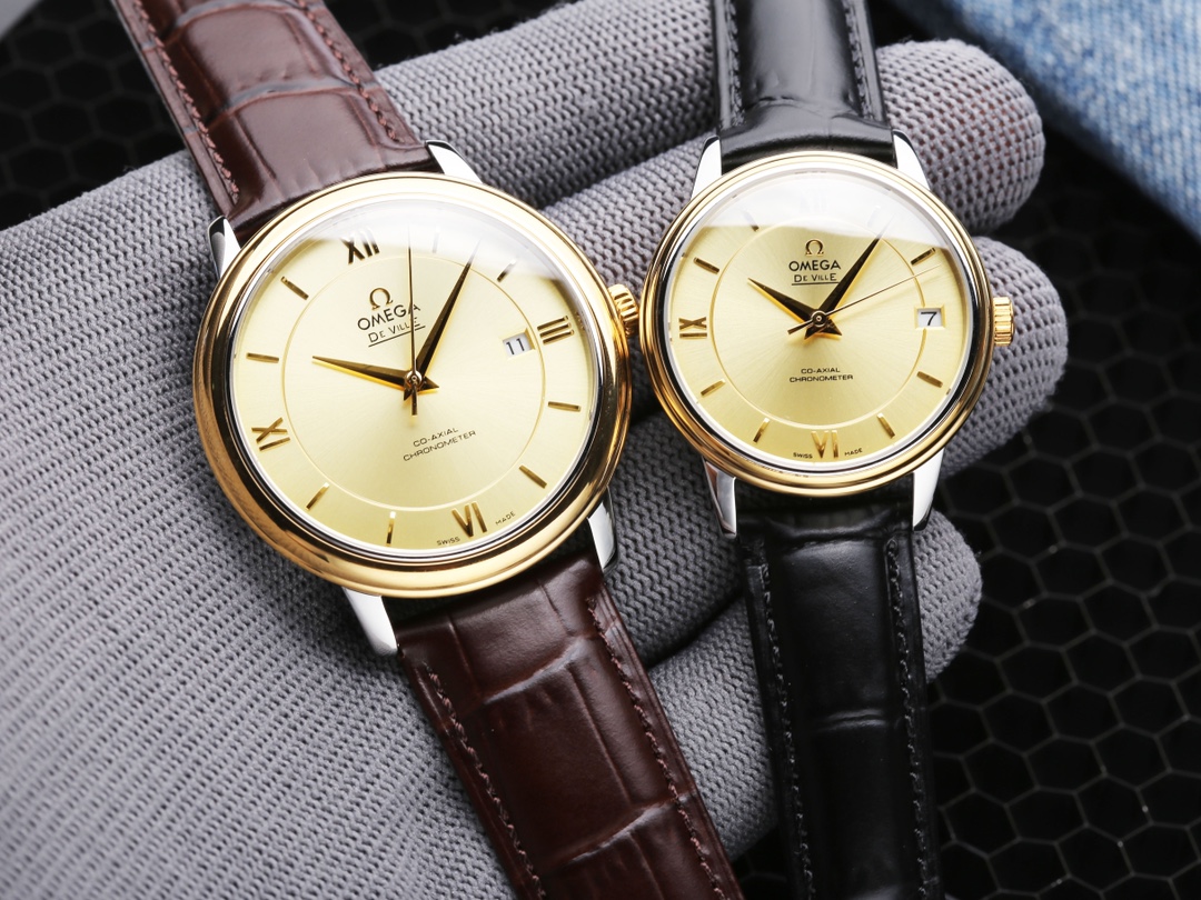 オメガ「Omega」デビル プレステージ カップルウォッチ メンズ39.5MM＆レディース32.7MM スチール＆レザーストラップ