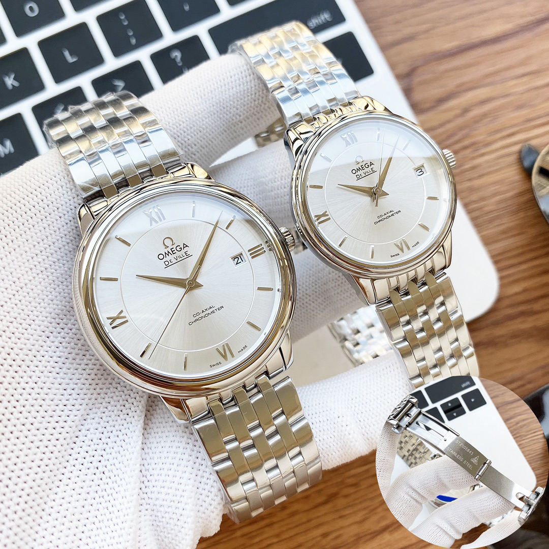 オメガ「Omega」デビル プレステージ カップルウォッチ メンズ39.5MM＆レディース32.7MM スチール＆レザーストラップ