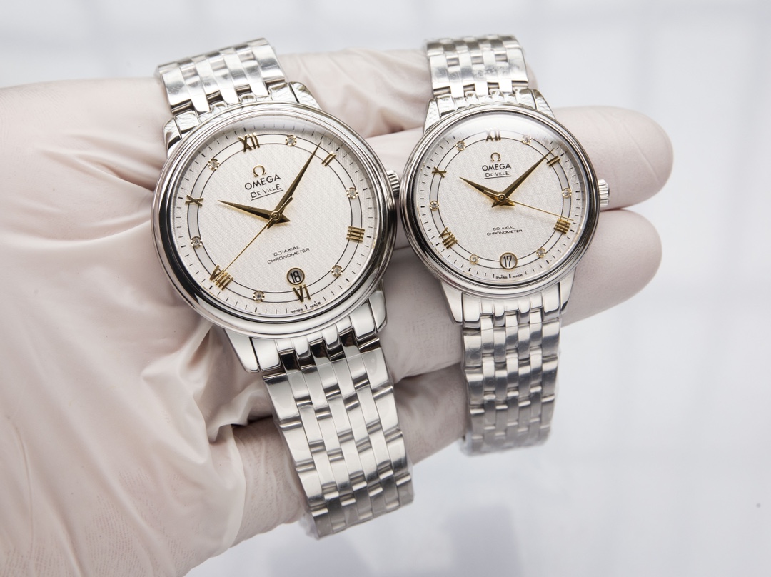 オメガ「Omega」デビル プレステージ カップルウォッチ メンズ39.5MM＆レディース32.7MM スチール＆レザーストラップ