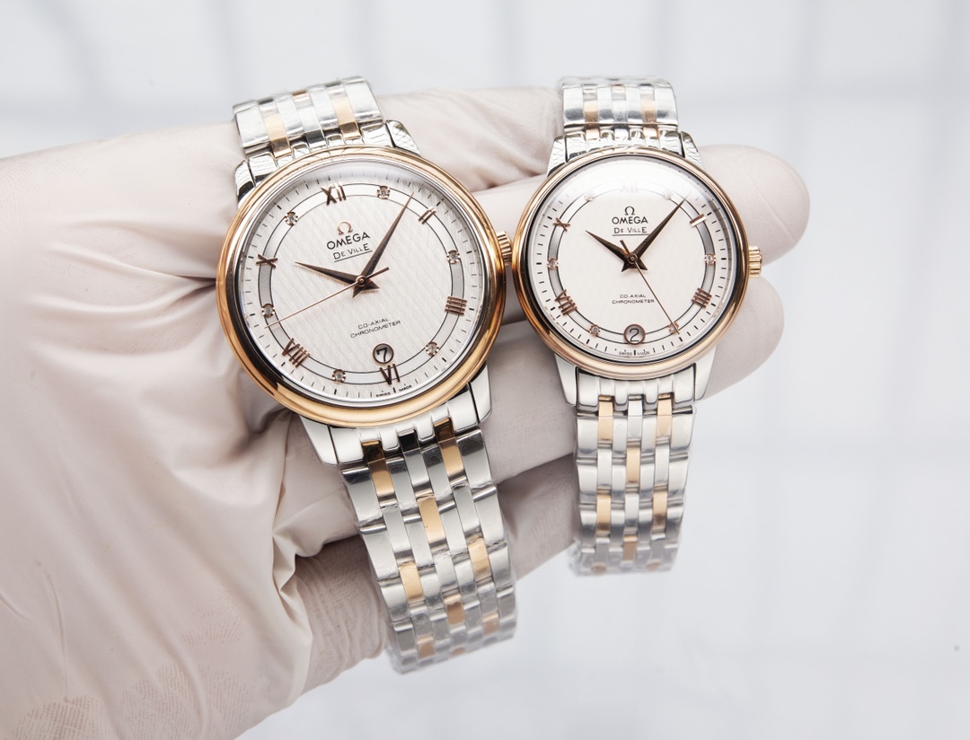 オメガ「Omega」デビル プレステージ カップルウォッチ メンズ39.5MM＆レディース32.7MM スチール＆レザーストラップ