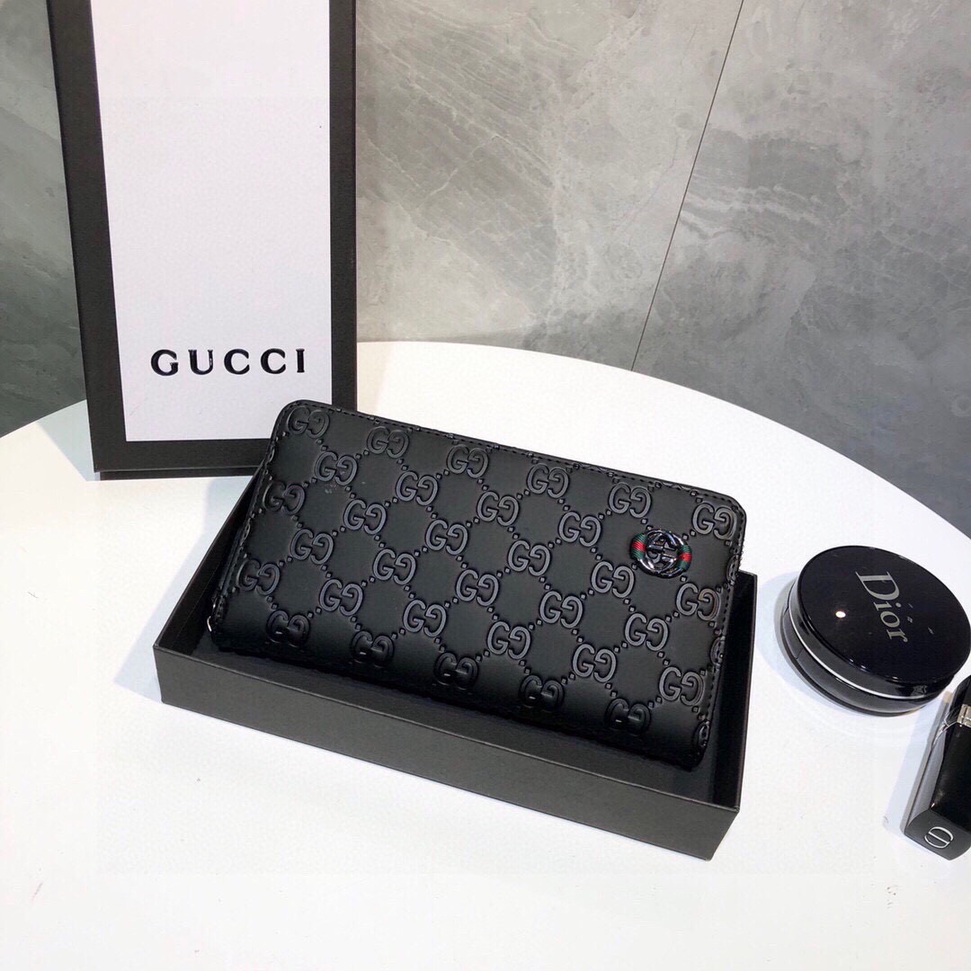 グッチ「Gucci」シグネチャー レザー ウェブ ジップアラウンドウォレット
