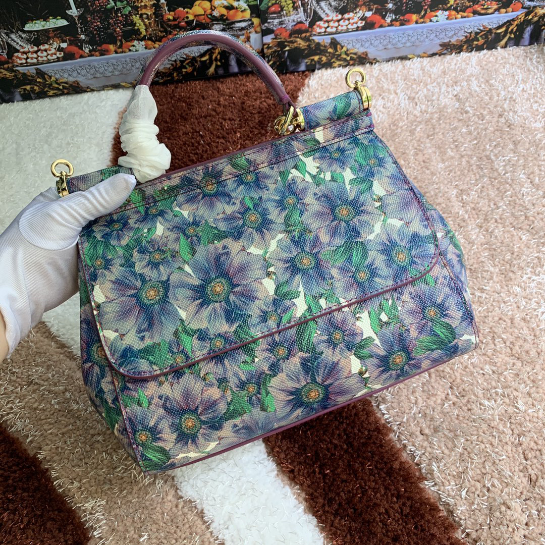 ドルチェ・アンド・ガッバーナ「D&G」 パープルフラワー プリント レザートップハンドルバッグ