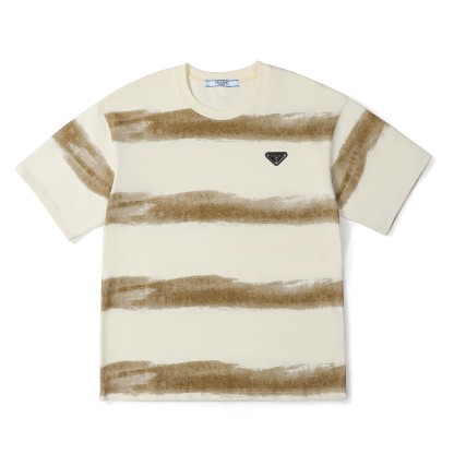 プラダ「Prada」クラシック トライアングルレザーパッチ スプラッターストライプ コットンTシャツ