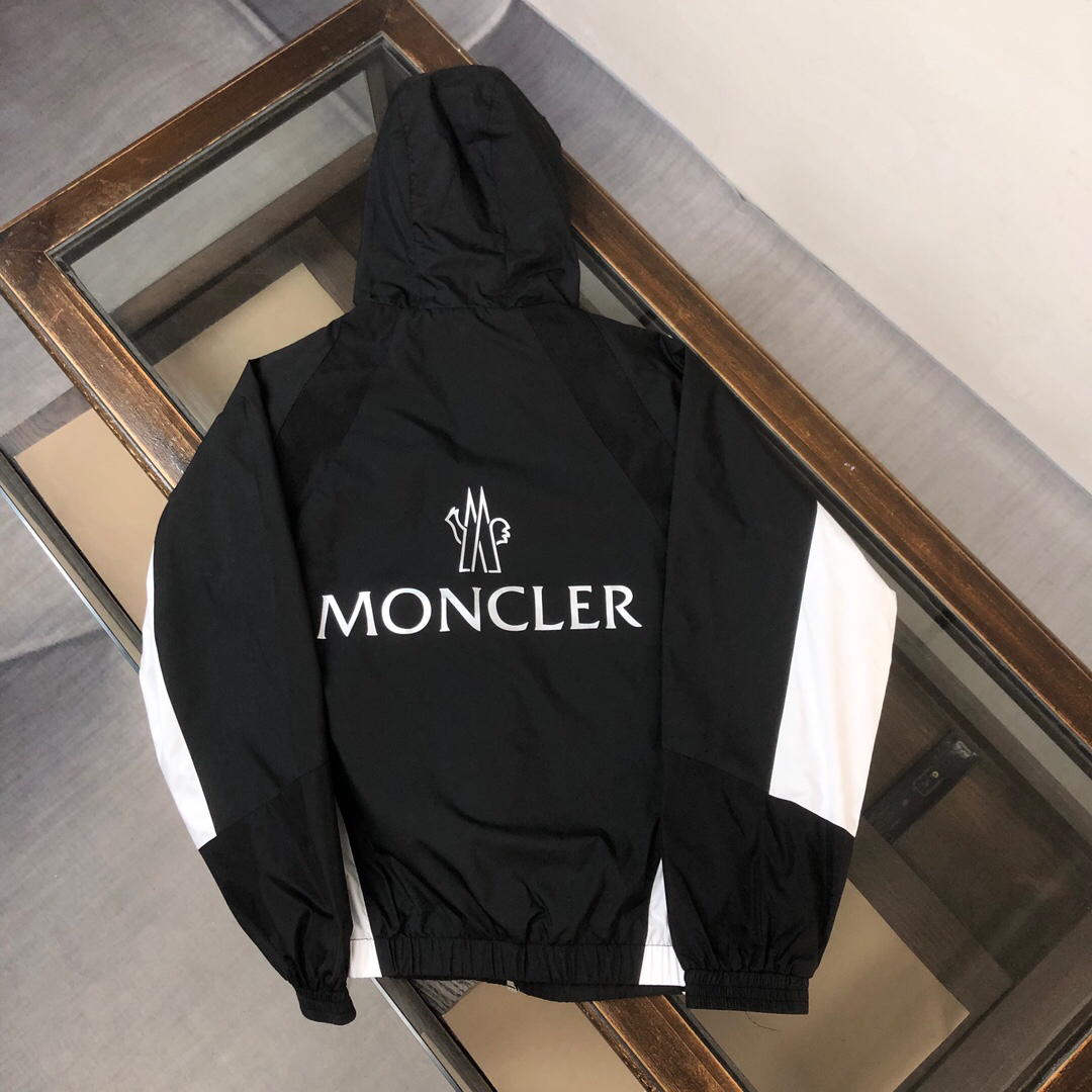 モンクレール「Moncler」2024早春 ブラック＆ホワイトカラーブロック トレンチコート風フードジャケット