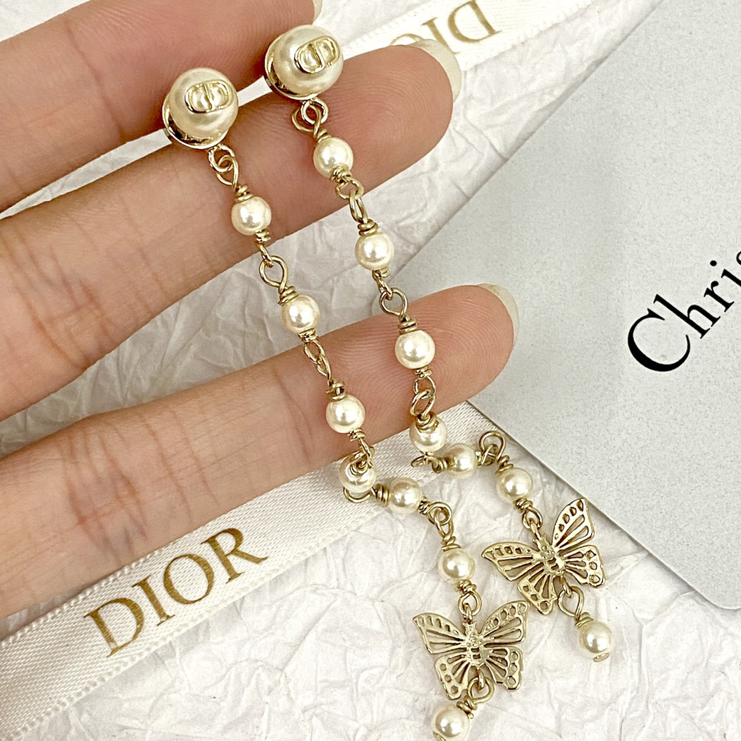 ディオール「Dior」バタフライ パール フリンジ イヤリング