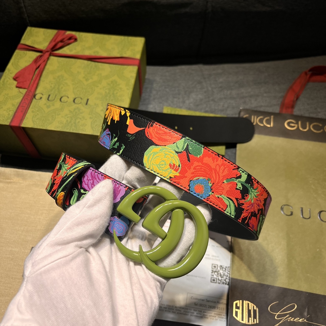 グッチ「Gucci」Ken Scott フローラル プリント GGバックル レザー ベルト100CM