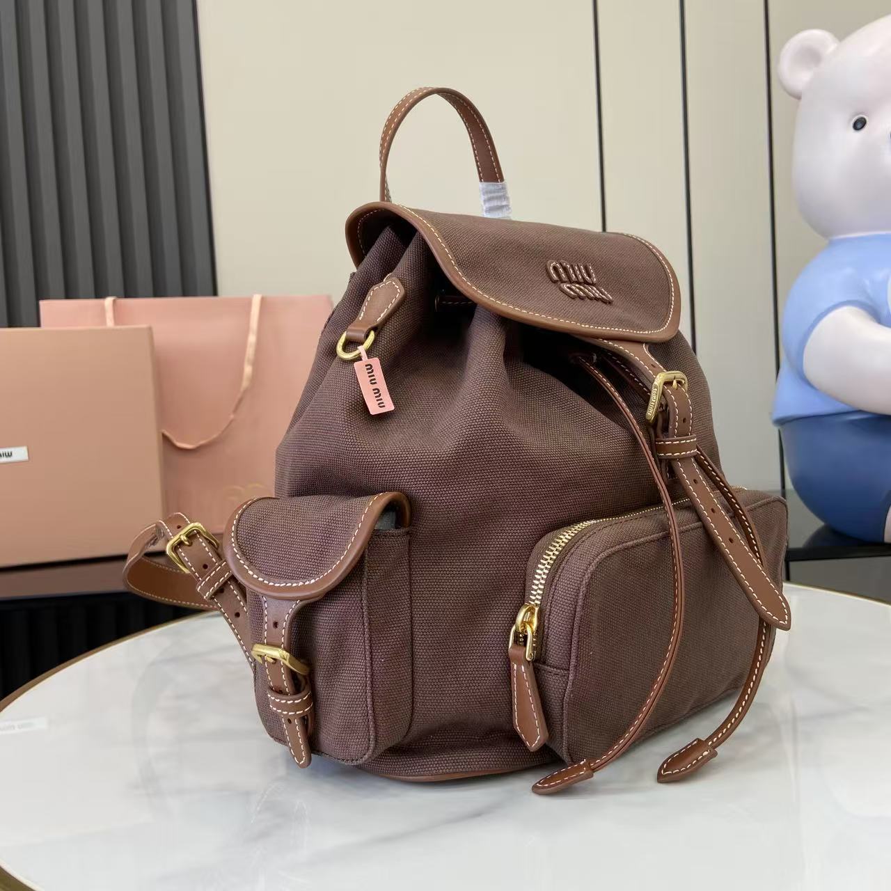 ミュウミュウ「Miu Miu」バックパック レザー＆キャンバス デュアルストラップ ショルダーバッグ