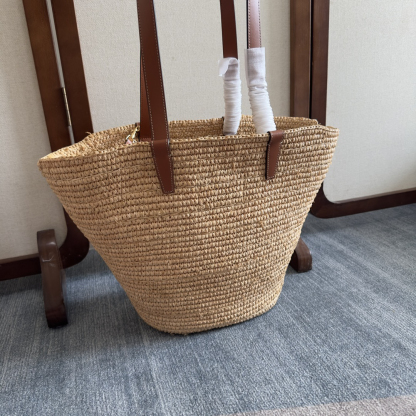 セリーヌ「Celine」CLASSIC PANIER プランテーション素材＆レザー ラージバスケットバッグ