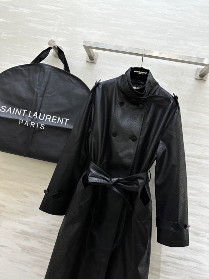 サンローラン「Saint Laurent」エコレザー プリーツ ロングトレンチコート