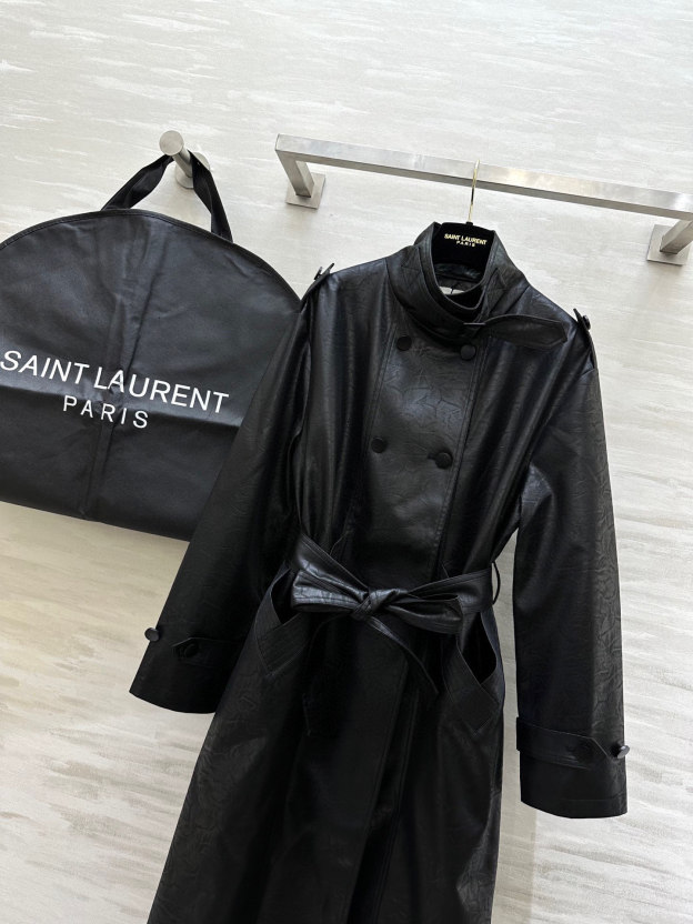 サンローラン「Saint Laurent」エコレザー プリーツ ロングトレンチコート