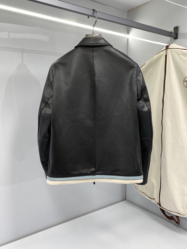 エルメス「Hermès」レザー&ファブリック パネル ジップ ジャケット