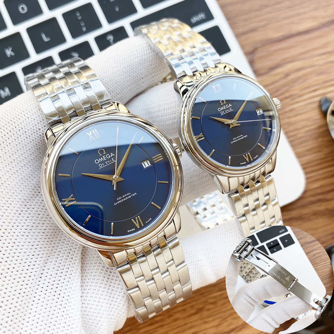 オメガ「Omega」デビル プレステージ カップルウォッチ メンズ39.5MM＆レディース32.7MM スチール＆レザーストラップ