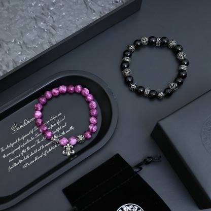 クロムハーツ「Chrome Hearts」ナチュラルビーズ＆シルバー ストレッチブレスレット