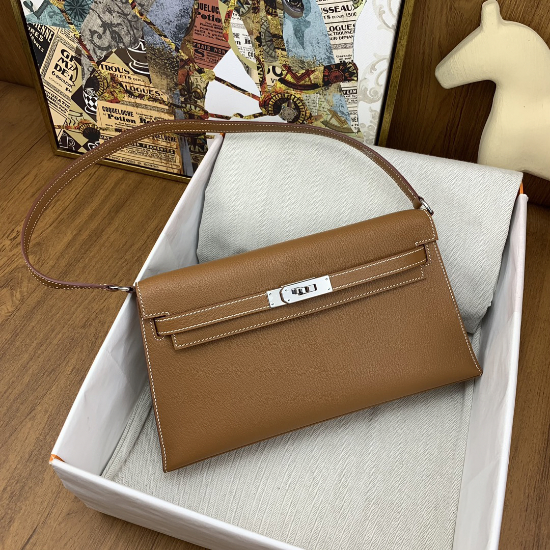 エルメス「Hermès」Kelly Elan 27cm Chèvreレザー アンダーアームバッグ（ゴールドブラウン/シルバーハードウェア）