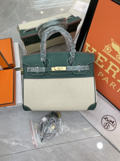 エルメス「Hermès」Birkin 30 ナパレザー×キャンバス ツートン ショルダーバッグ（シルバーハードウェア）