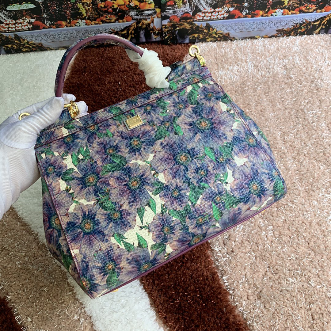 ドルチェ・アンド・ガッバーナ「D&G」 パープルフラワー プリント レザートップハンドルバッグ
