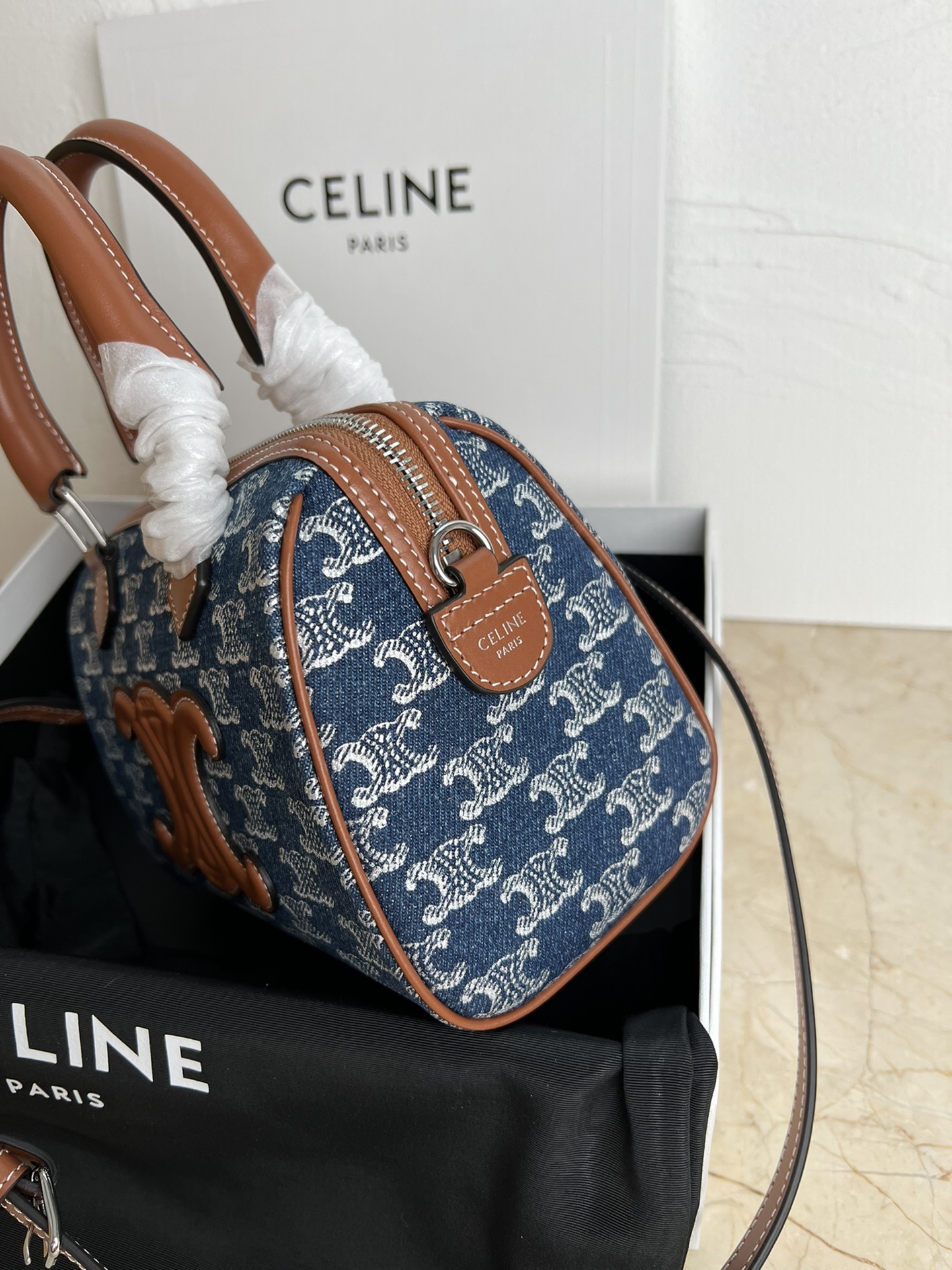 [Copy]セリーヌ(Celine)スモール ボストン / 全面トリオンフ デニム＆カーフスキン