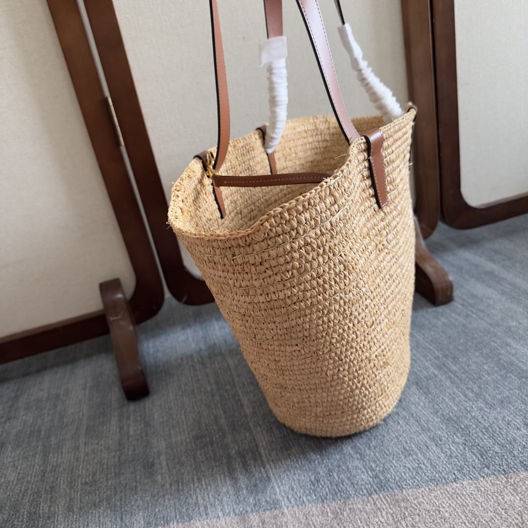 セリーヌ「Celine」CLASSIC PANIER プランテーション素材＆レザー ラージバスケットバッグ