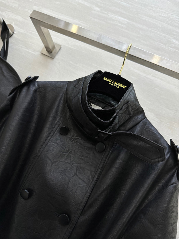 サンローラン「Saint Laurent」エコレザー プリーツ ロングトレンチコート