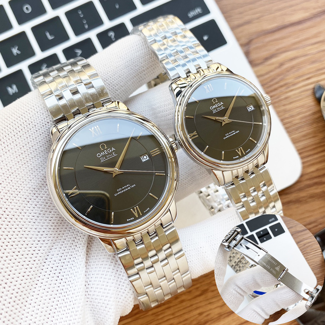 オメガ「Omega」デビル プレステージ カップルウォッチ メンズ39.5MM＆レディース32.7MM スチール＆レザーストラップ
