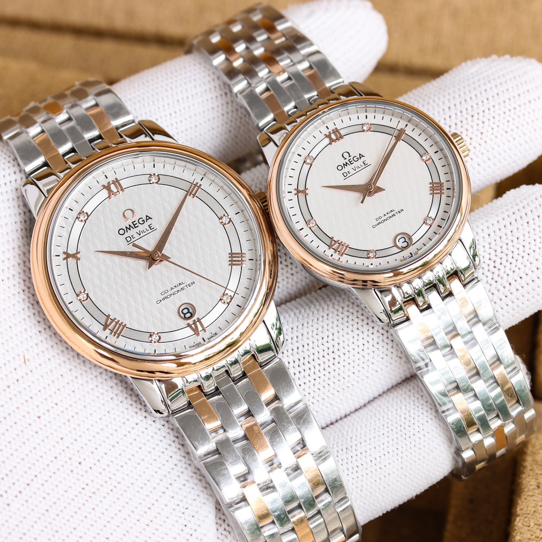 オメガ「Omega」デビル プレステージ カップルウォッチ メンズ39.5MM＆レディース32.7MM スチール＆レザーストラップ