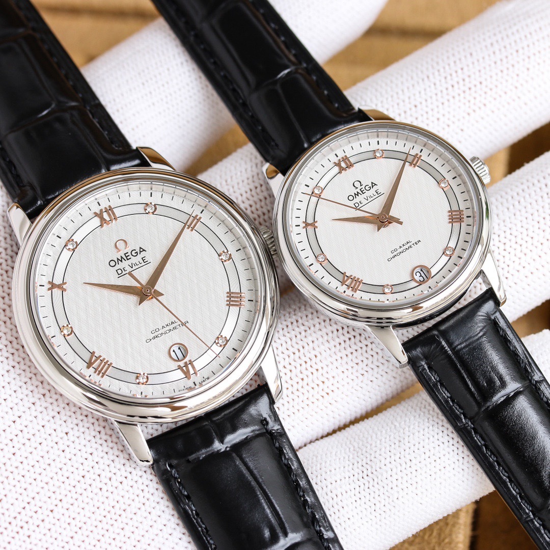 オメガ「Omega」デビル プレステージ カップルウォッチ メンズ39.5MM＆レディース32.7MM スチール＆レザーストラップ