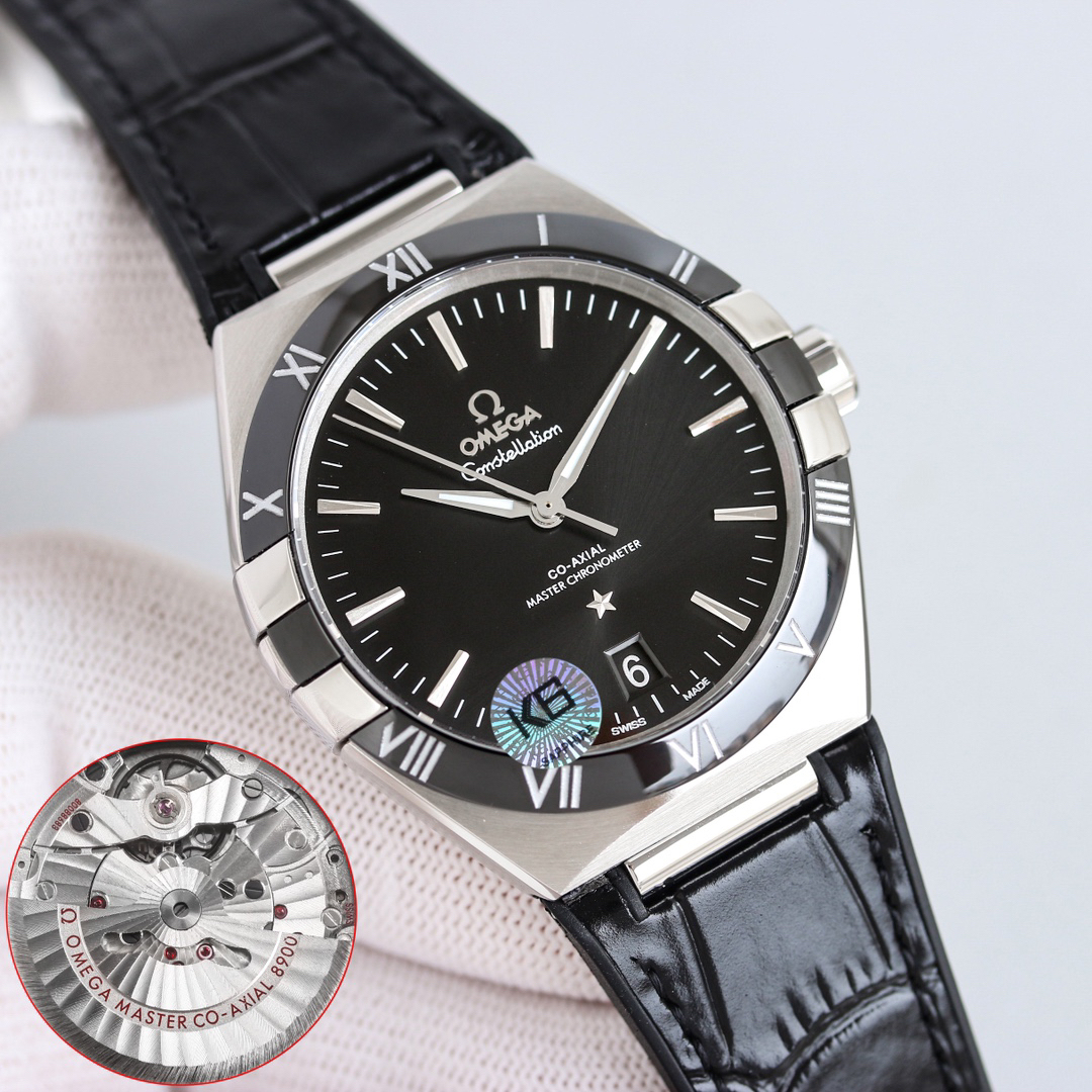 オメガ「Omega」Constellatio﻿n 41MM セラミックベゼル＆レザーストラップ メンズ腕時計 「4色」