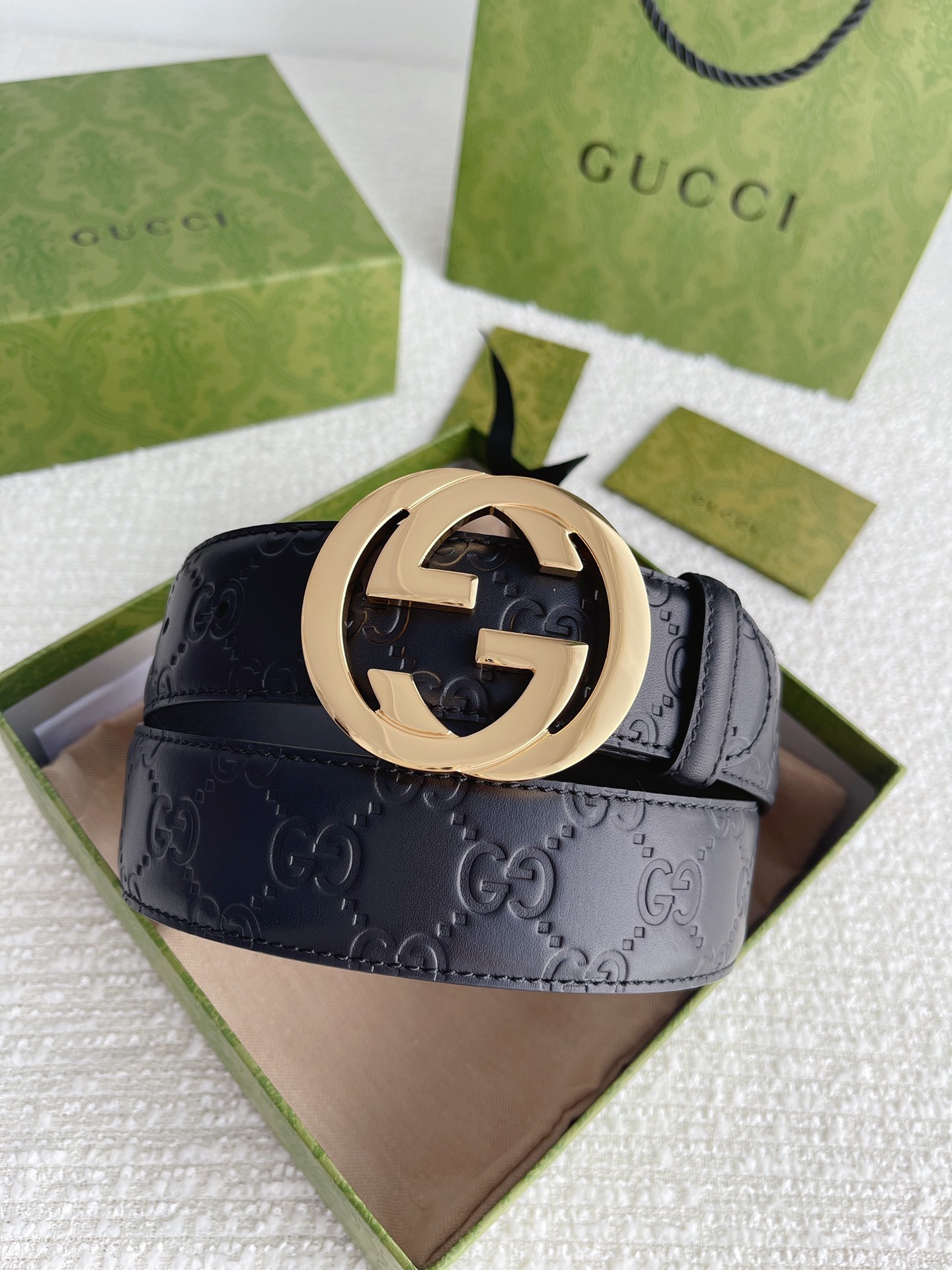 グッチ「Gucci」インターロッキングG バックル付き ワイドベルト100CM
