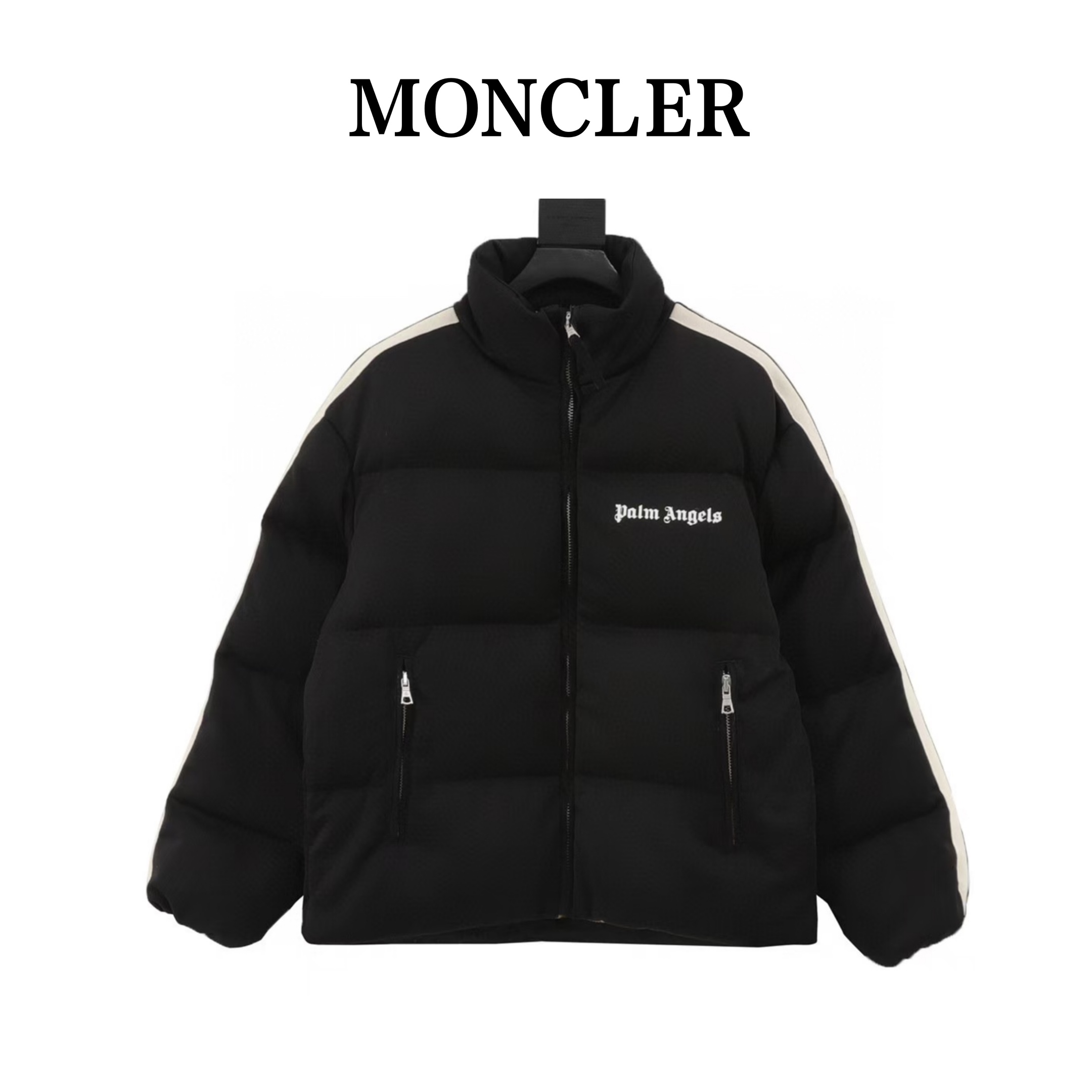 Moncler x Palm Angels のコラボレーション FW21 のロゴ彩条刺繍ロゴが付いたダウンジャケット