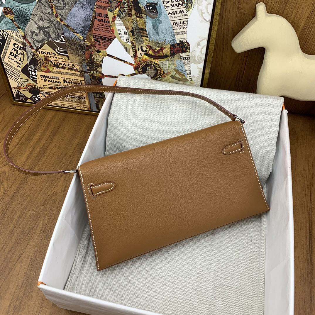 エルメス「Hermès」Kelly Elan 27cm Chèvreレザー アンダーアームバッグ（ゴールドブラウン/シルバーハードウェア）