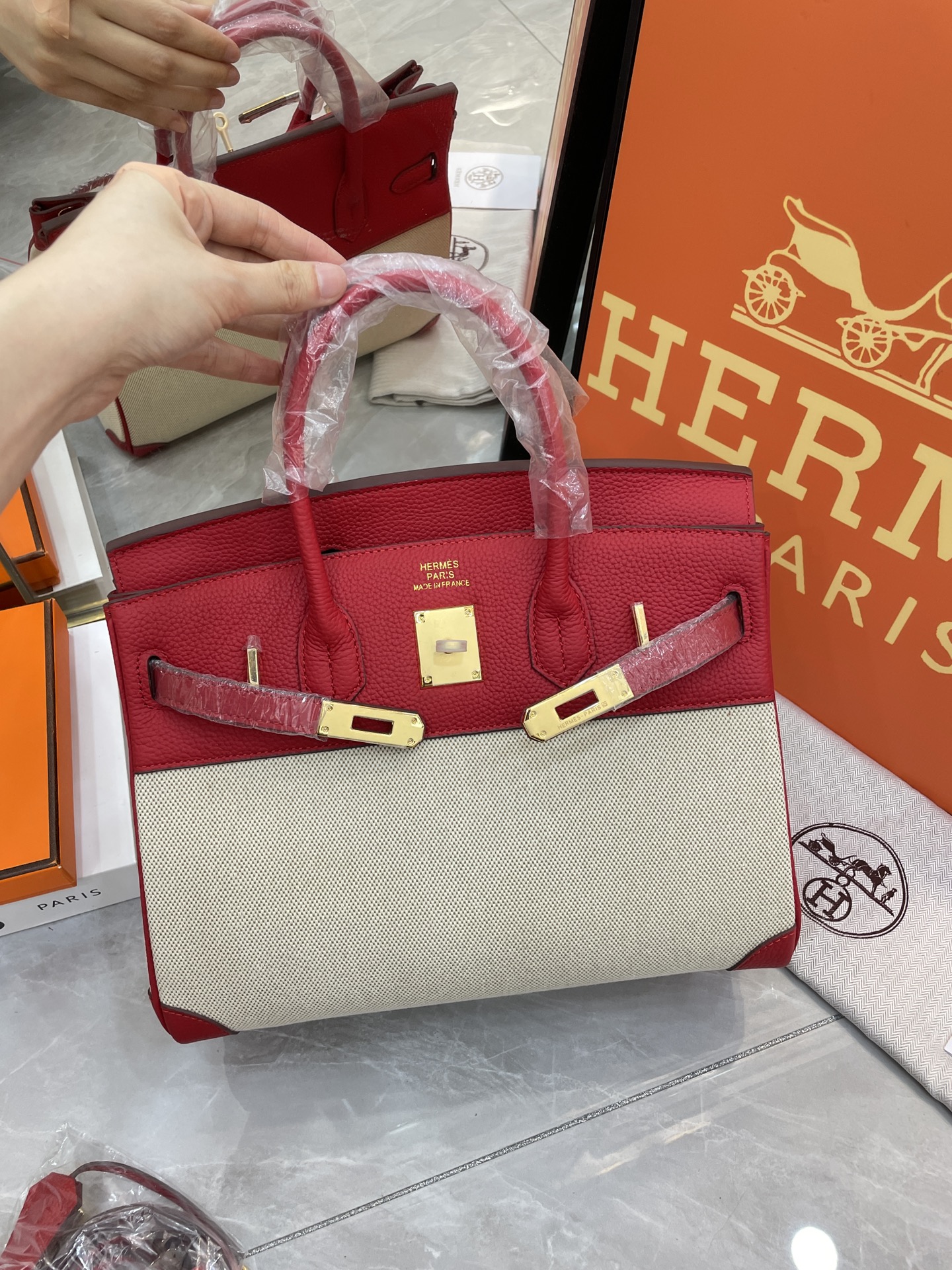 エルメス「Hermès」Birkin 30 ナパレザー×キャンバス ツートン ショルダーバッグ（シルバーハードウェア）