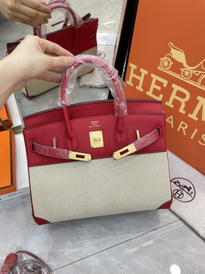 エルメス「Hermès」Birkin 30 ナパレザー×キャンバス ツートン ショルダーバッグ（シルバーハードウェア）
