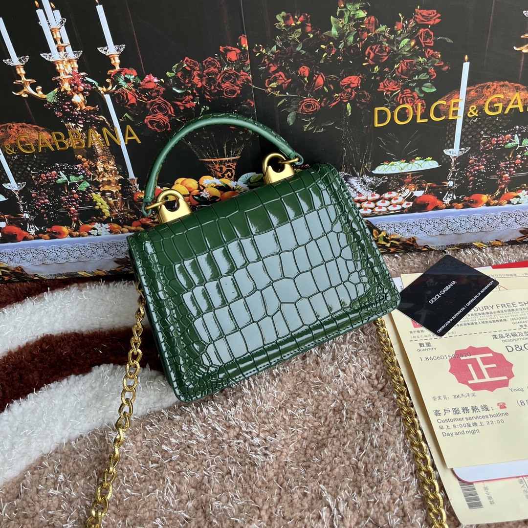 ドルチェ・アンド・ガッバーナ「D&G」エメラルドグリーン チェーン レザートップハンドルバッグ