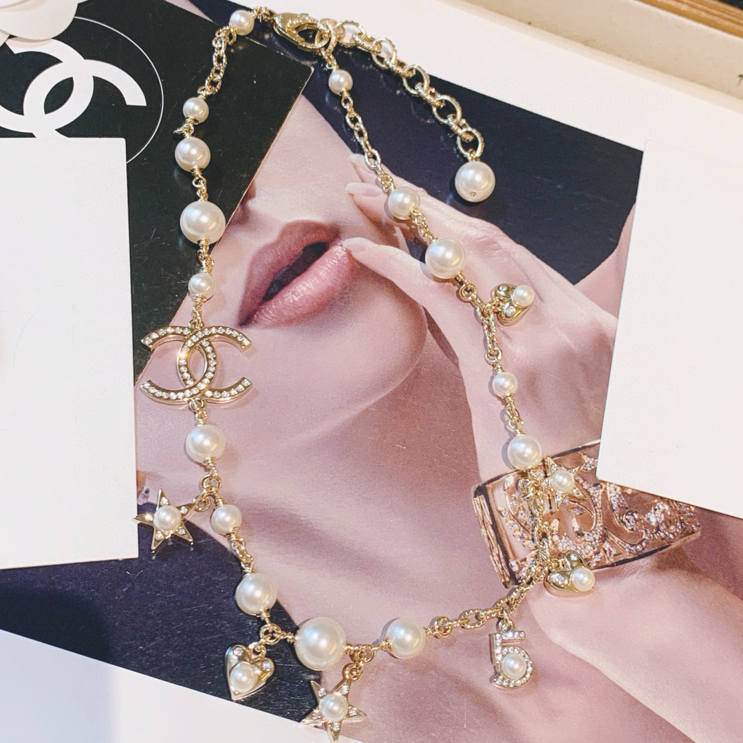 シャネル「Chanel」ハート ダブルC パール＆ダイヤモンド ネックレス38cm～42cm