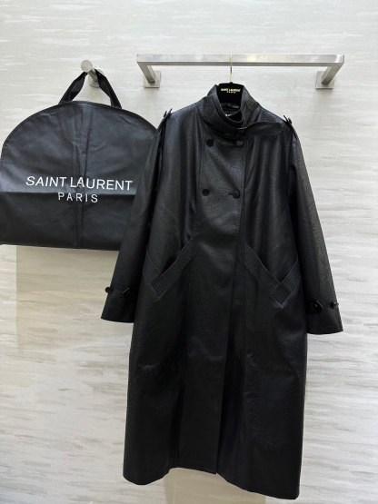 サンローラン「Saint Laurent」エコレザー プリーツ ロングトレンチコート