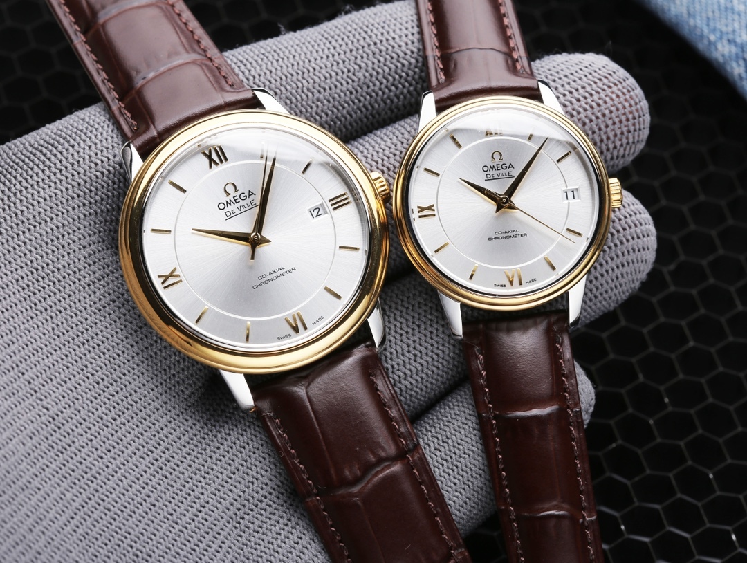 オメガ「Omega」デビル プレステージ カップルウォッチ メンズ39.5MM＆レディース32.7MM スチール＆レザーストラップ