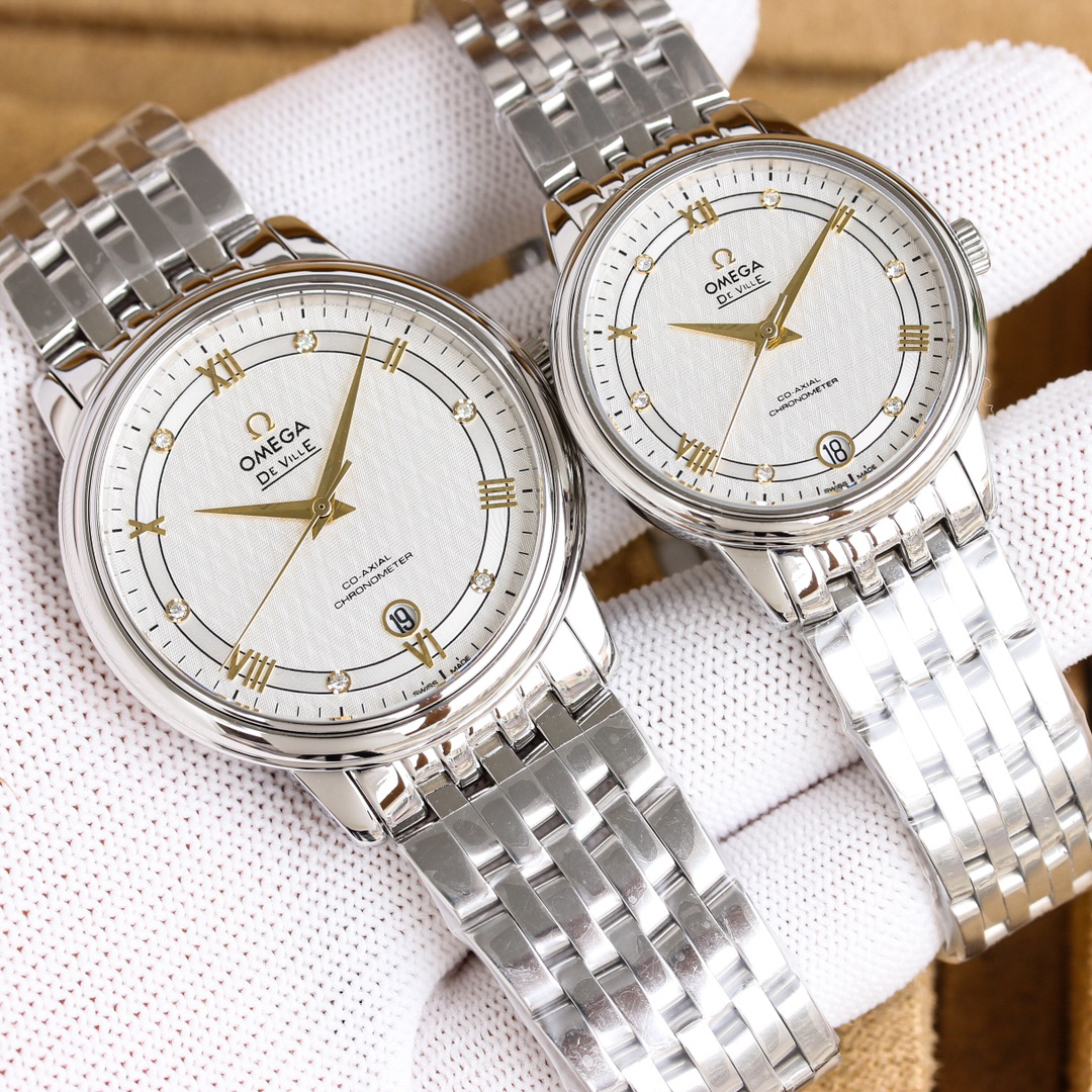 オメガ「Omega」デビル プレステージ カップルウォッチ メンズ39.5MM＆レディース32.7MM スチール＆レザーストラップ