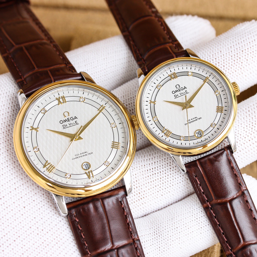 オメガ「Omega」デビル プレステージ カップルウォッチ メンズ39.5MM＆レディース32.7MM スチール＆レザーストラップ