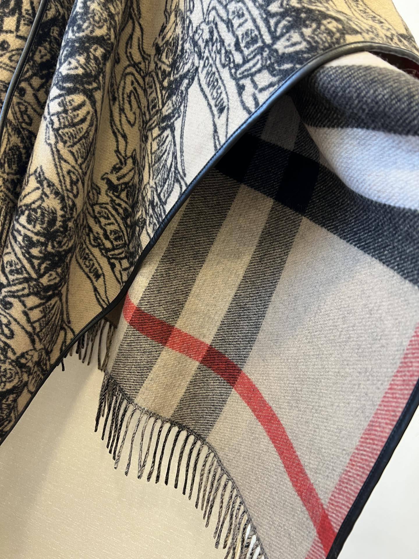 バーバリー「Burberry」リバーシブル チェック ウールケープ 155x130cm