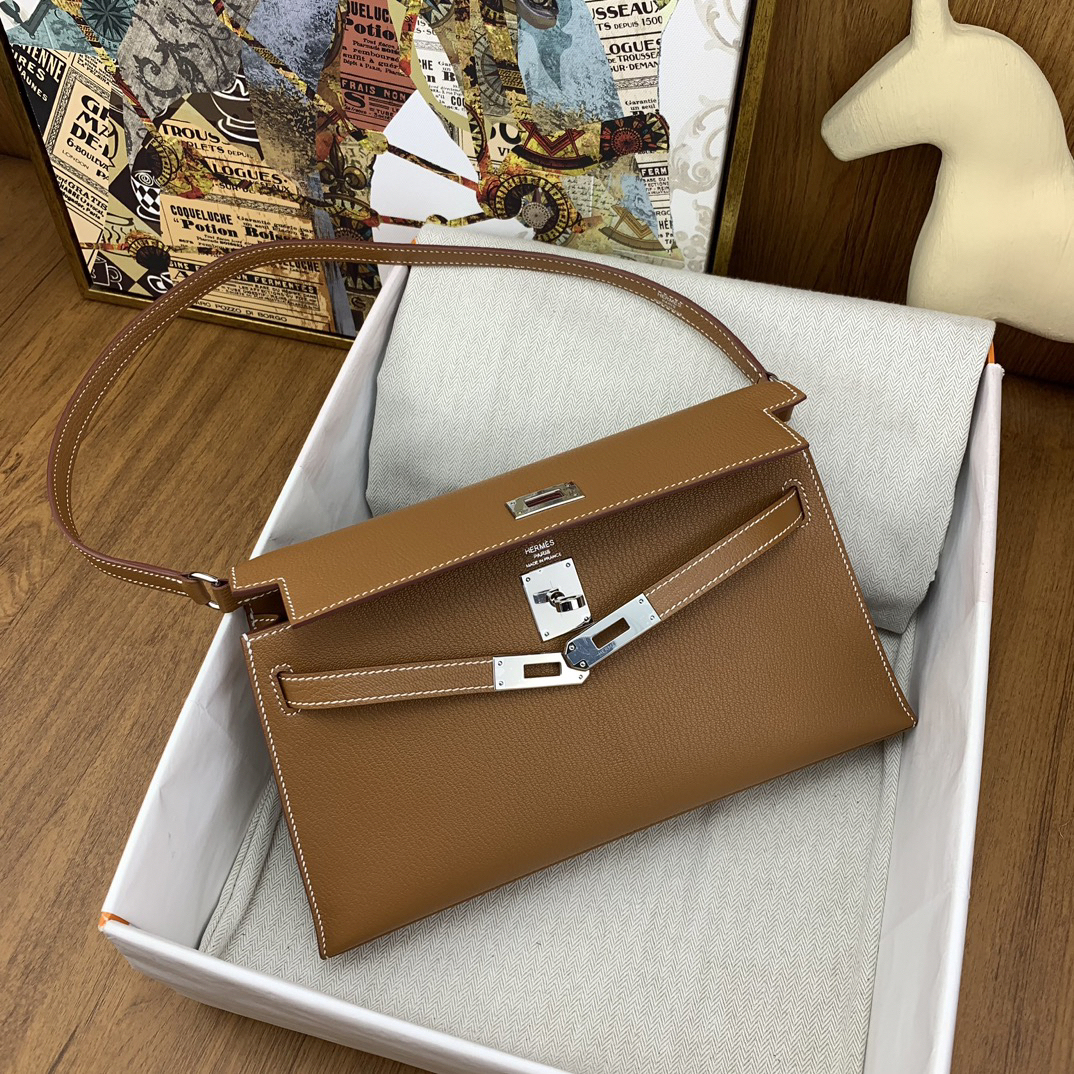 エルメス「Hermès」Kelly Elan 27cm Chèvreレザー アンダーアームバッグ（ゴールドブラウン/シルバーハードウェア）